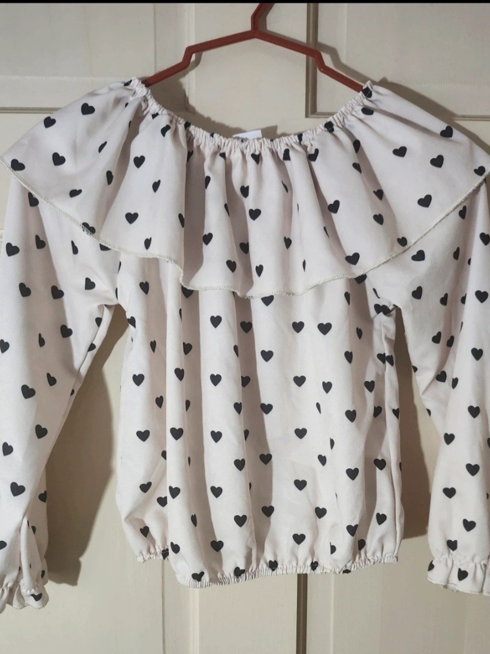 Girls White Off-Shoulder Heart Print Ruffle Top